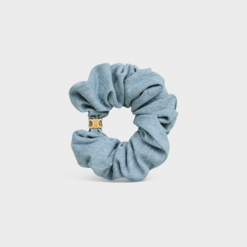 Gold / Blue Celine Scrunchy in Brass with Gold Finish and Denim Hair Accessories | CL-592330