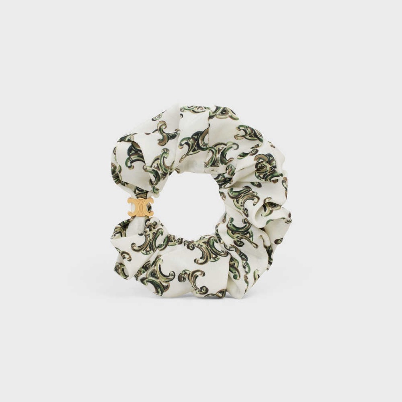 Gold / Craie Celine Scrunchy Triomphe Camo in Brass with Gold Finish and Silk Hair Accessories | CL-592327