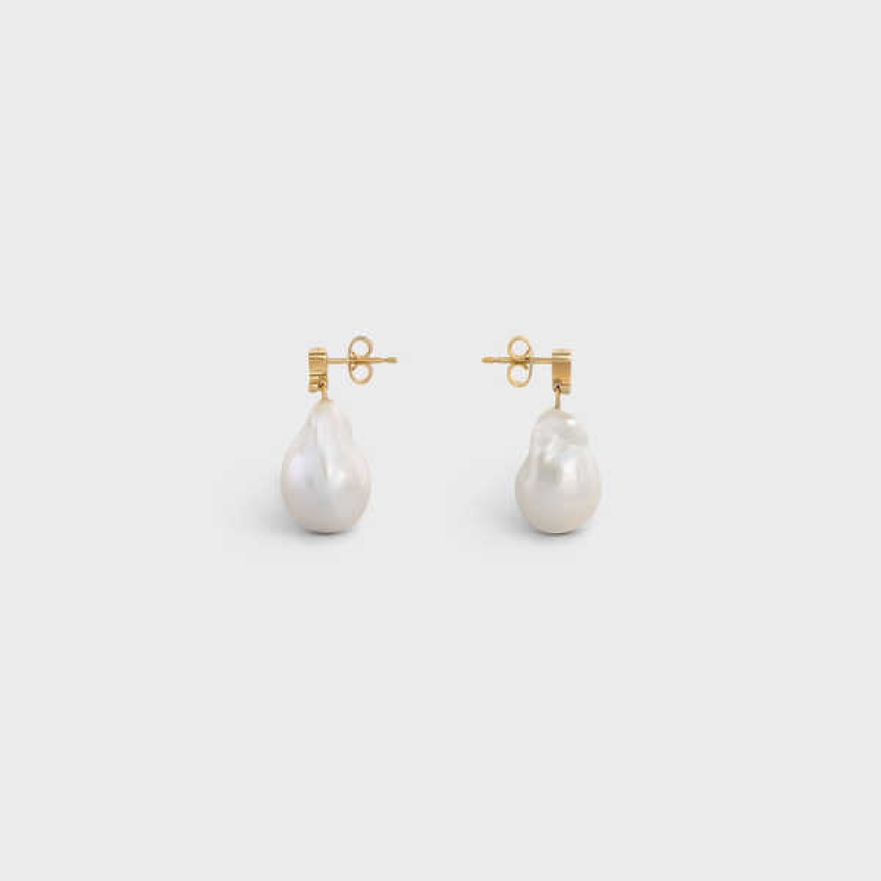 Gold / Ivory Celine Baroque Triomphe in Brass with Gold Finish and Cultured Pearls Earrings | CL-592299