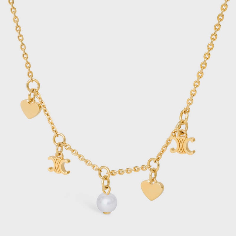 Gold / Ivory Celine Cœur Charms in Brass with Gold Finish and Resin Pearl Necklaces | CL-592242