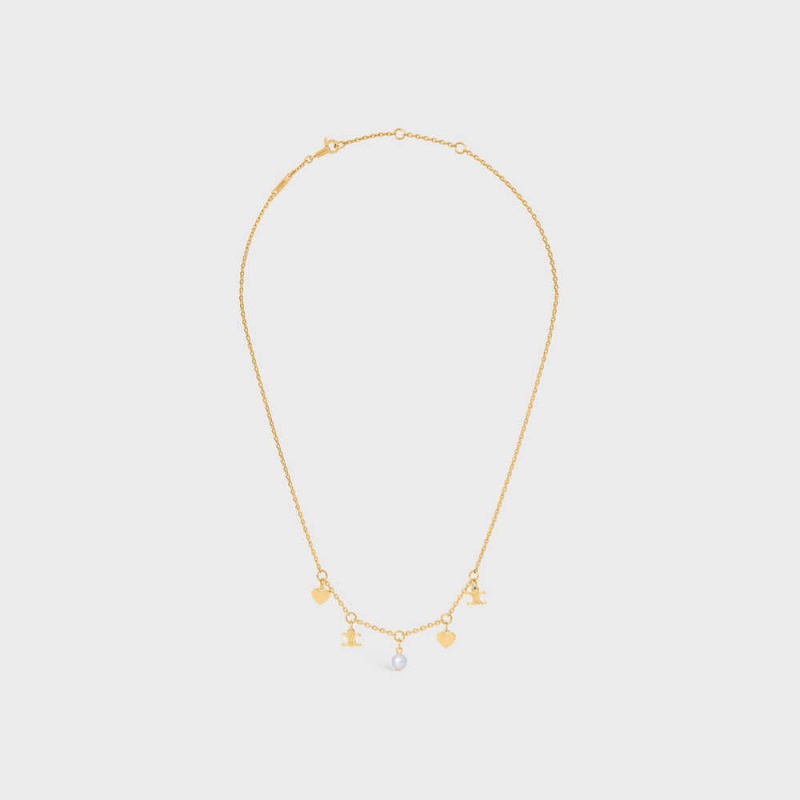 Gold / Ivory Celine Cœur Charms in Brass with Gold Finish and Resin Pearl Necklaces | CL-592242