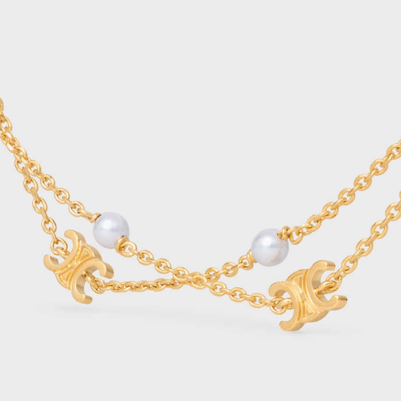 Gold / Ivory Celine Triomphe Pearl Double in Brass with Gold Finish and Resin Pearls Necklaces | CL-592241