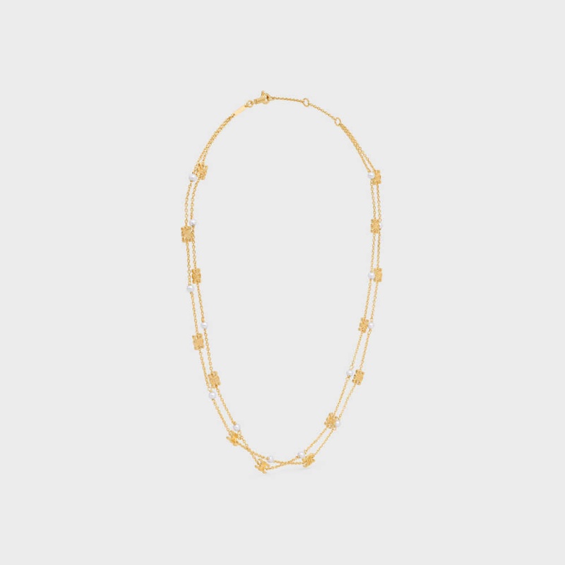 Gold / Ivory Celine Triomphe Pearl Double in Brass with Gold Finish and Resin Pearls Necklaces | CL-592241