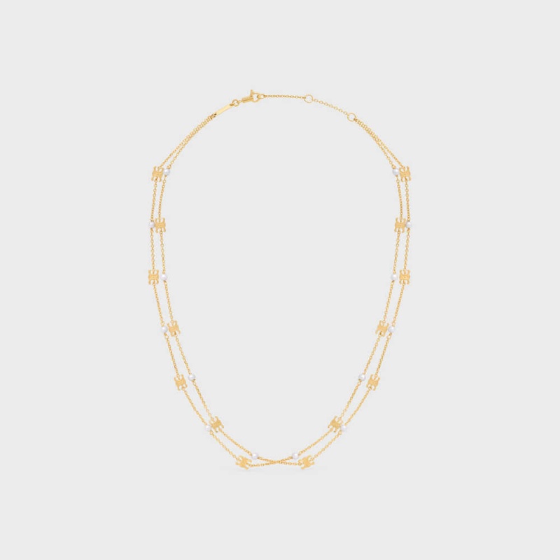 Gold / Ivory Celine Triomphe Pearl Double in Brass with Gold Finish and Resin Pearls Necklaces | CL-592241