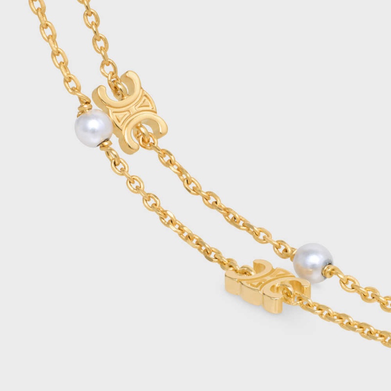 Gold / Ivory Celine Triomphe Pearl Double in Brass with Gold Finish and Resin Pearls Bracelets | CL-592236