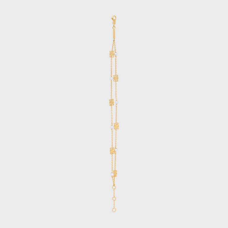 Gold / Ivory Celine Triomphe Pearl Double in Brass with Gold Finish and Resin Pearls Bracelets | CL-592236