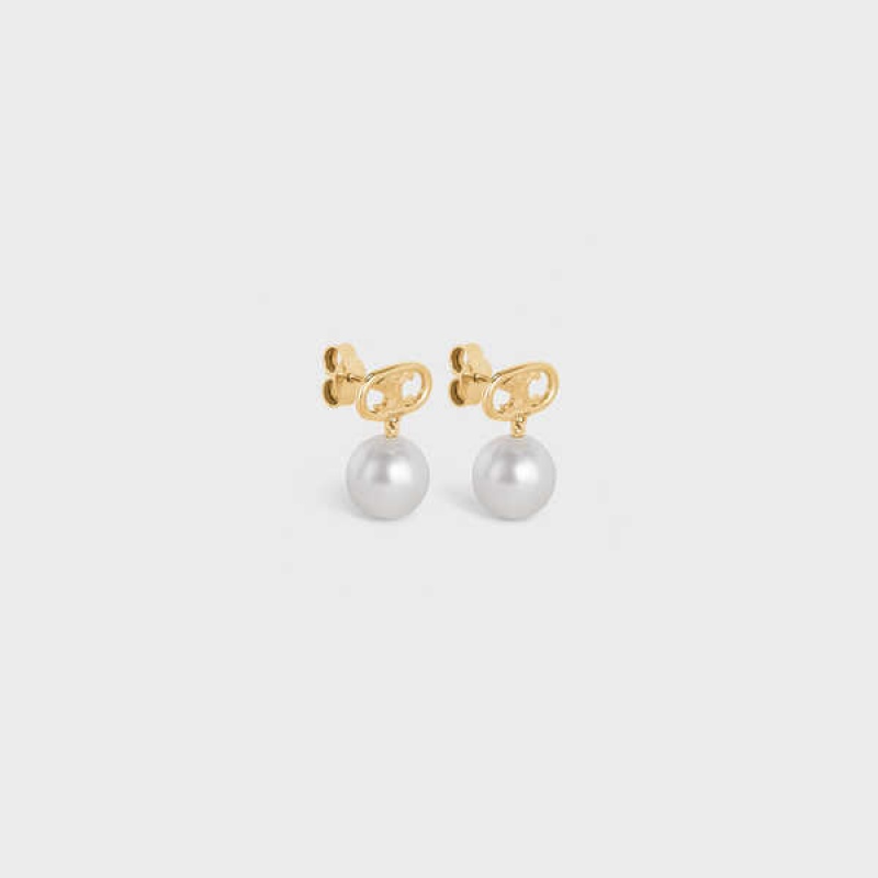 Gold / Ivory Celine Triomphe Pearl in Brass with Gold Finish and Glass Pearls Earrings | CL-592298