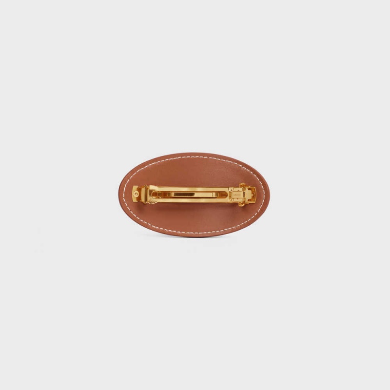 Gold / Tan Celine Cuir Triomphe Hair Clip in Calfskin and Steel Hair Accessories | CL-592333