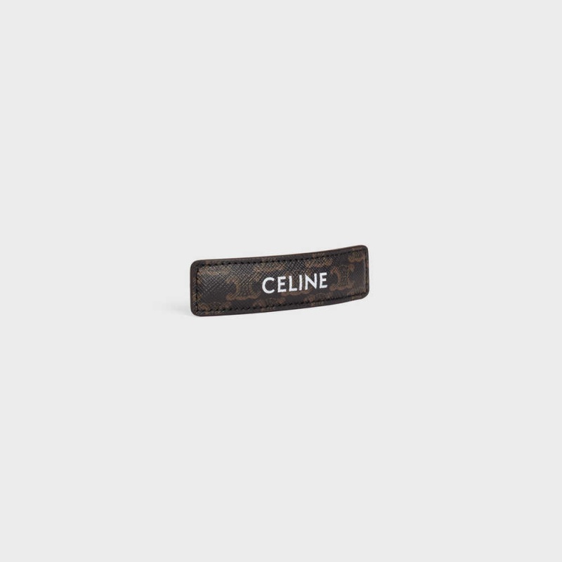 Gold / Tan Celine Triomphe Canvas Hair Clip in Calfskin, Steel and Canvas Hair Accessories | CL-592334