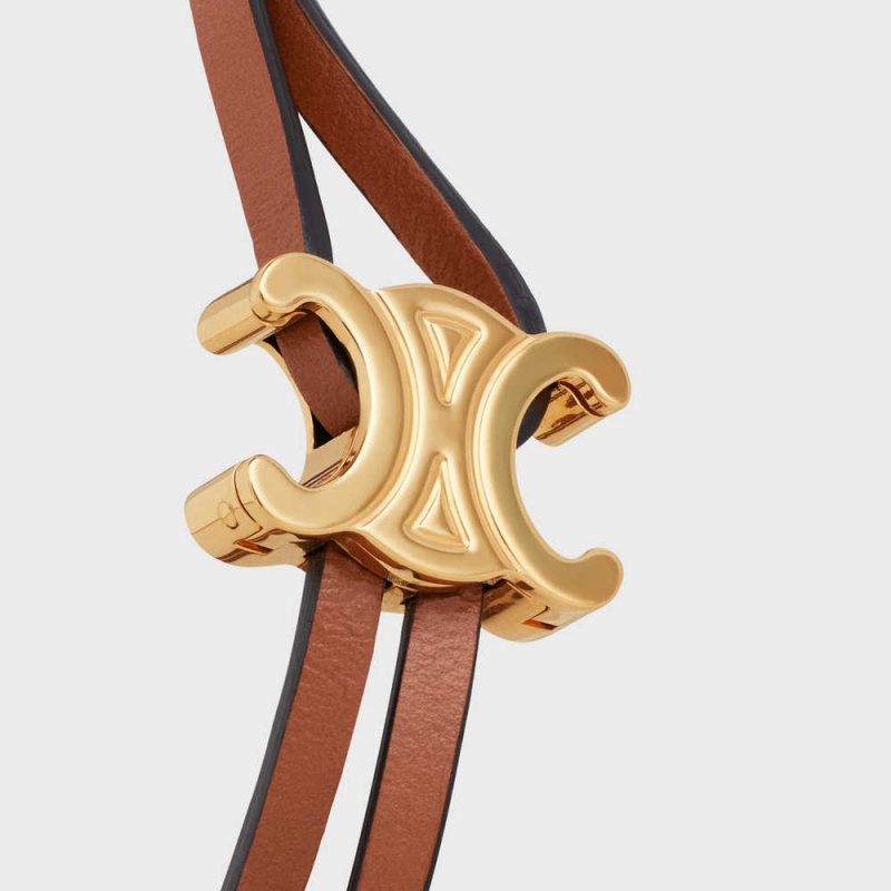 Gold / Tan Celine Triomphe Clasp in Brass with Gold Finish and Tan Smooth Calfskin Bracelets | CL-592205