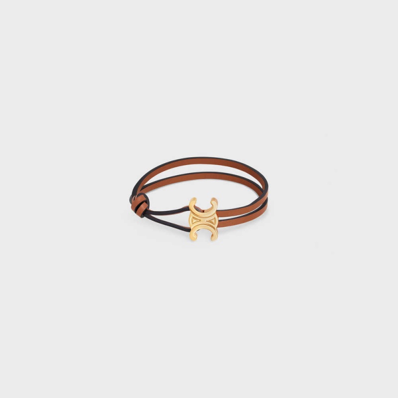 Gold / Tan Celine Triomphe Clasp in Brass with Gold Finish and Tan Smooth Calfskin Bracelets | CL-592205