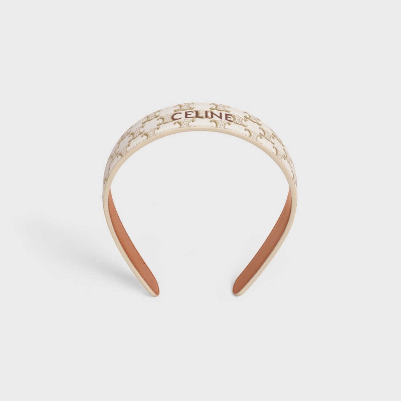 Gold / White Celine Headband in Triomphe Canvas and Calfskin Hair Accessories | CL-592338