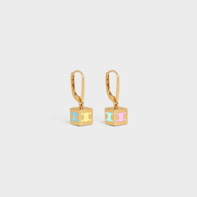 Gold & Multicolour Celine Triomphe Cube in Brass with Gold Finish and Colored Enamel Earrings | CL-592304