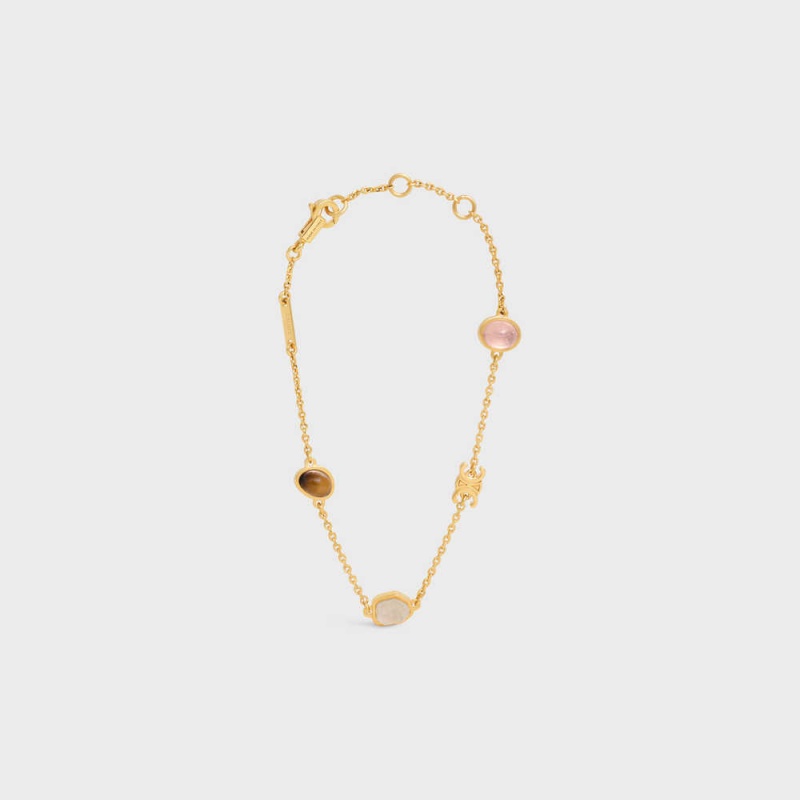 Gold & Multicolour Celine Triomphe Indie in Brass with Gold Finish, Rutilated Quartz, Pink Quartz and Tiger Eye Bracelets | CL-592198