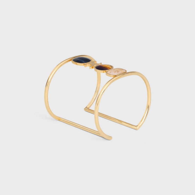 Gold & Multicolour Celine Triomphe Indie Cuff in Brass with Gold Finish, Rutilated Quartz, Tiger Eye and Hawk Eye Bracelets | CL-592197