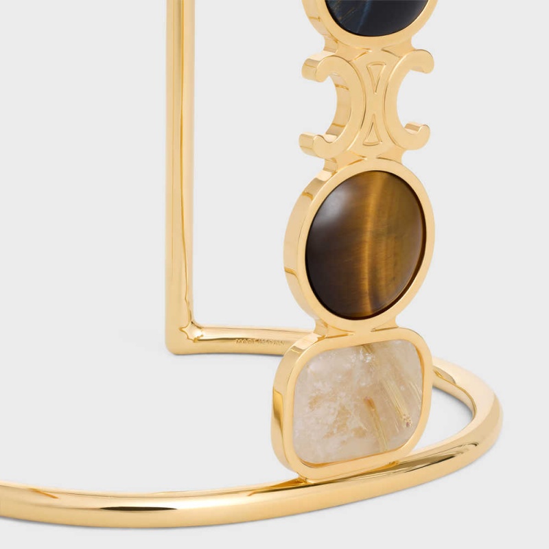 Gold & Multicolour Celine Triomphe Indie Cuff in Brass with Gold Finish, Rutilated Quartz, Tiger Eye and Hawk Eye Bracelets | CL-592197