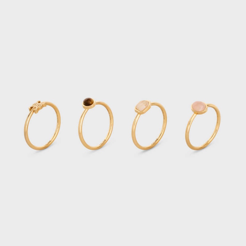 Gold & Multicolour Celine Triomphe Indie Set of 4 Rings in Brass with Gold Finish, Rutilated Quartz, Pink Quartz and Tiger Eye Rings | CL-592181