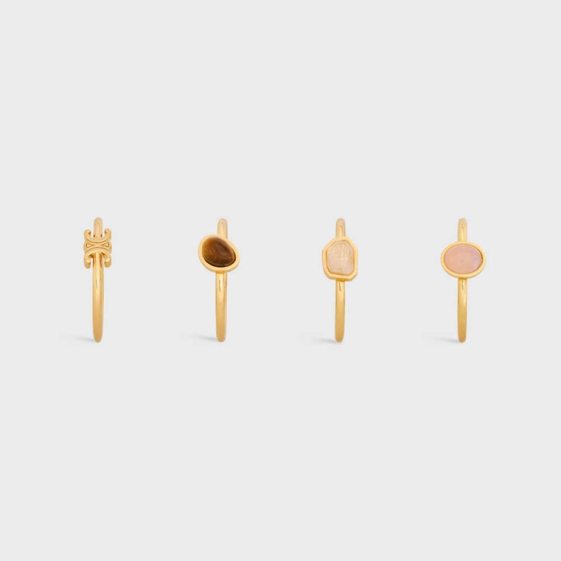 Gold & Multicolour Celine Triomphe Indie Set of 4 Rings in Brass with Gold Finish, Rutilated Quartz, Pink Quartz and Tiger Eye Rings | CL-592181