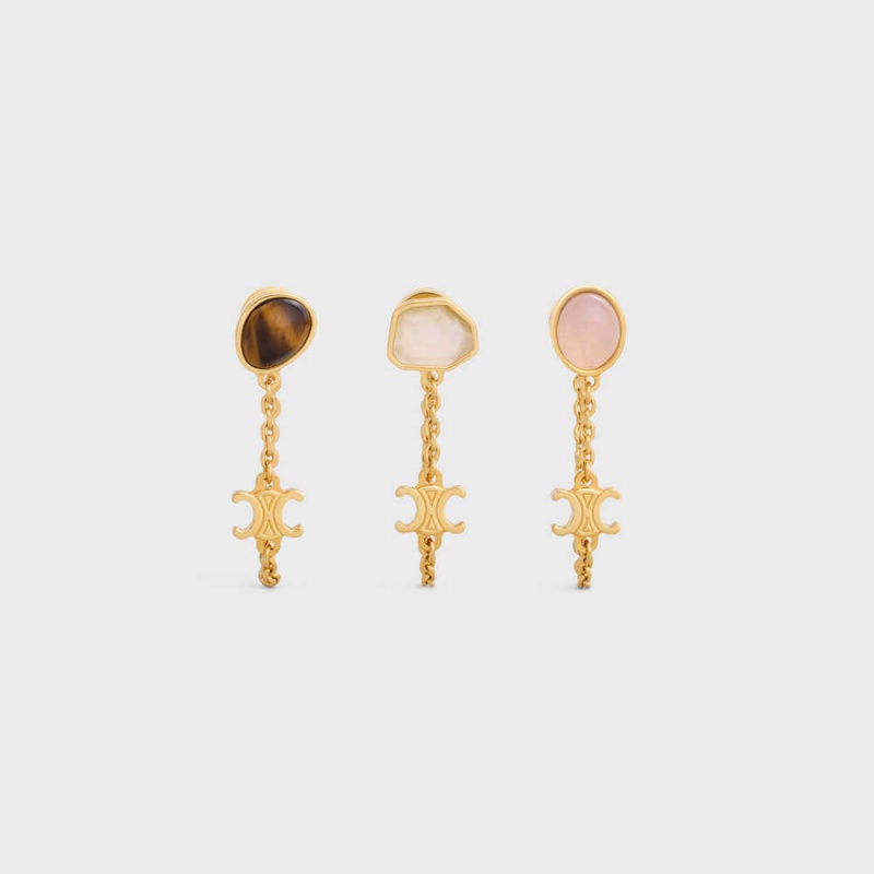 Gold & Multicolour Celine Triomphe Indie Set of 3 in Brass with Gold Finish, Rutilated Quartz, Pink Quartz and Tiger Eye Earrings | CL-592294