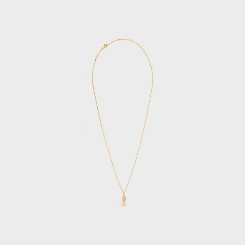 Gold & Pink Quartz Celine Triomphe Indie Small in Brass with Gold Finish and Pink Quartz Necklaces | CL-592240