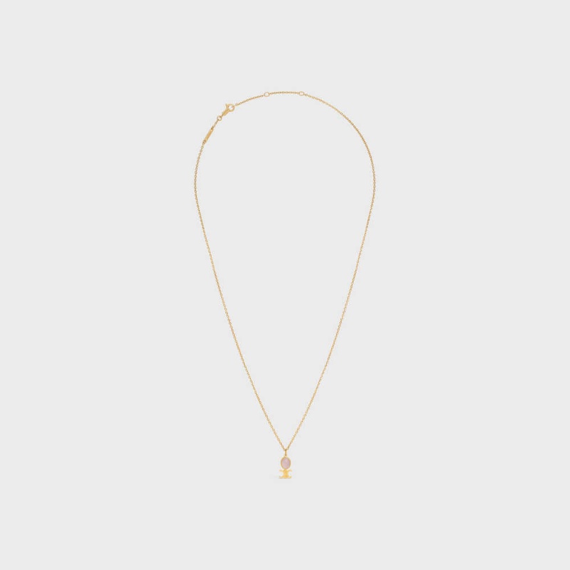 Gold & Pink Quartz Celine Triomphe Indie Small in Brass with Gold Finish and Pink Quartz Necklaces | CL-592240