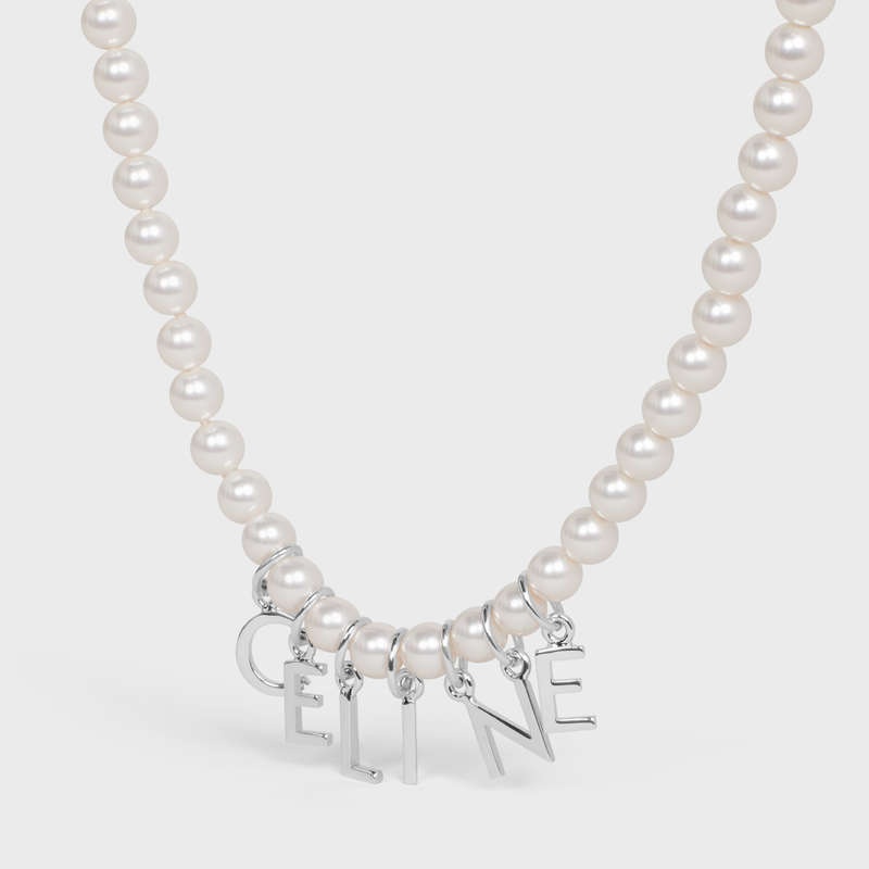 Ivory / Silver Celine Monochroms in Glass Pearls and Brass with Rhodium Finish Necklaces | CL-591662