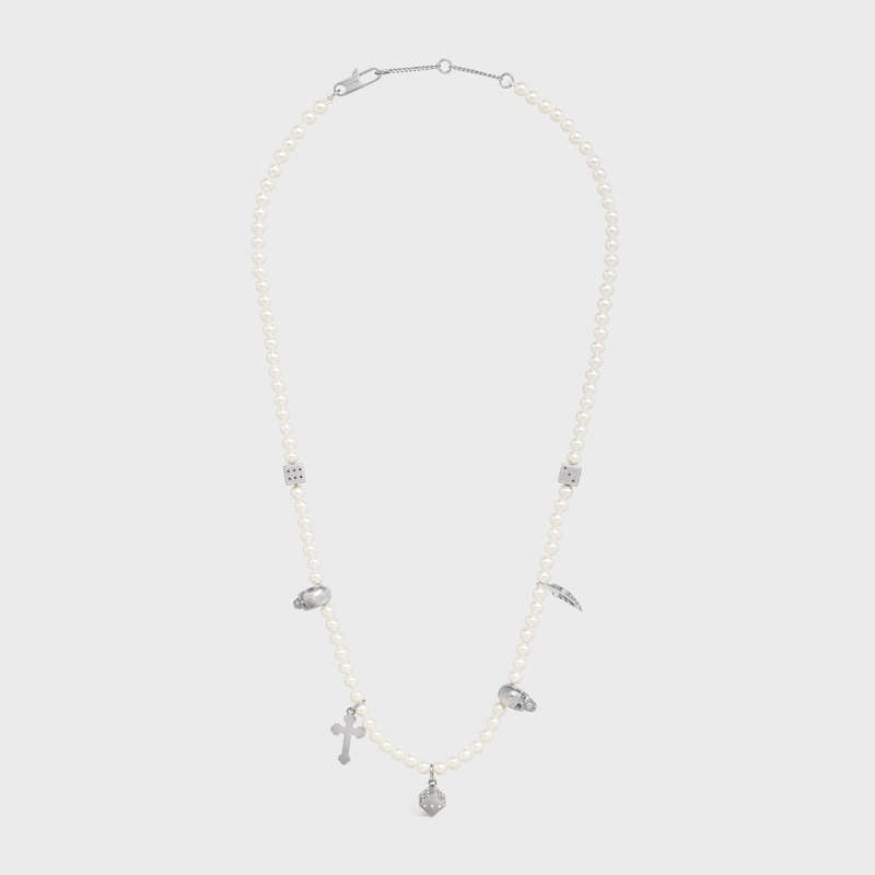 Ivory / Silver / Black Celine Monochroms Charms in Brass with Rhodium Finish, Glass Pearls and Enamel Necklaces | CL-591660