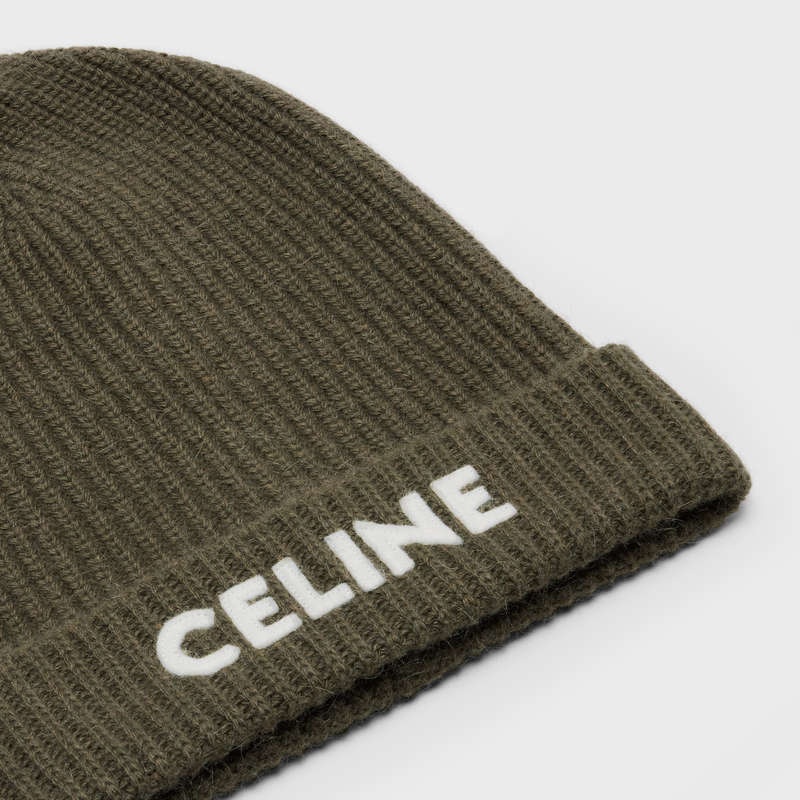 Khaki Celine EMBROIDERED BEANIE IN RIBBED FELTED WOOL Hat | CL-591716