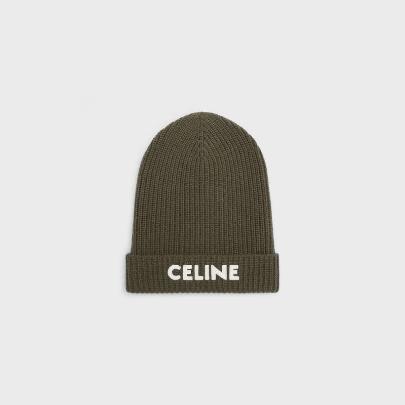 Khaki Celine EMBROIDERED BEANIE IN RIBBED FELTED WOOL Hat | CL-591716