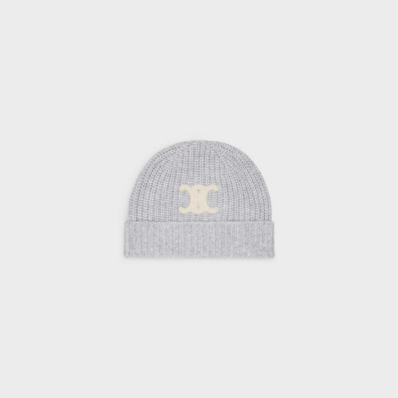 Light Grey Celine TRIOMPHE EMBROIDERED BEANIE IN SEAMLESS CASHMERE Hat | CL-592370