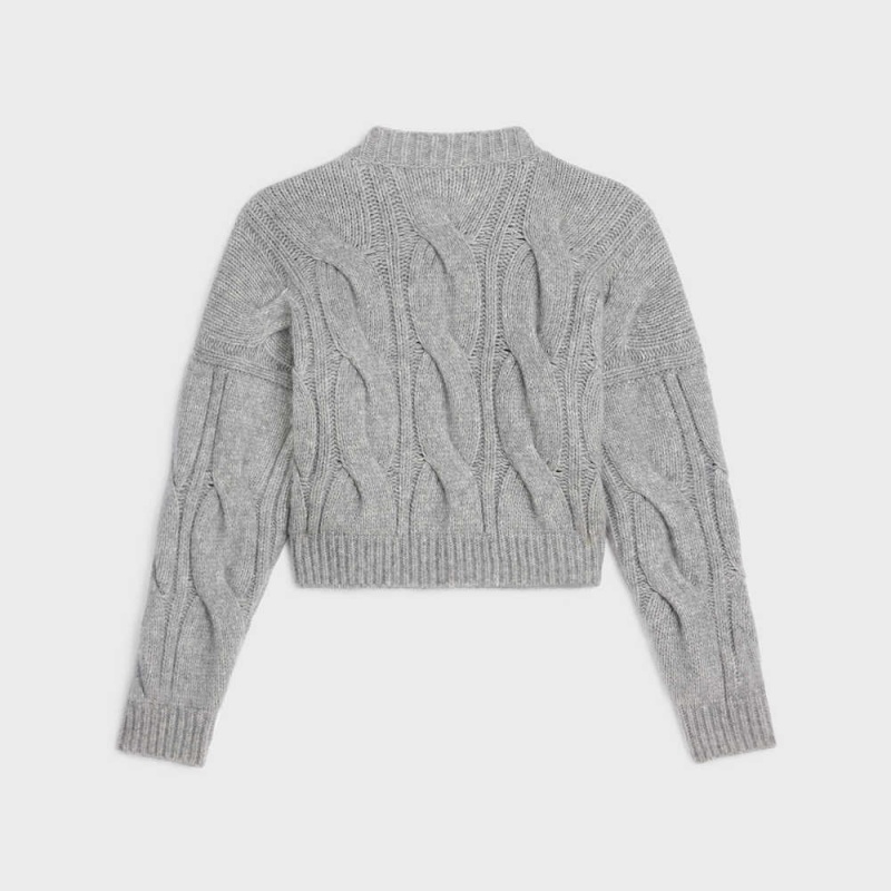 Light Grey Celine V-neck in cable-knit Cashmere and silk Knitwear | CL-592705