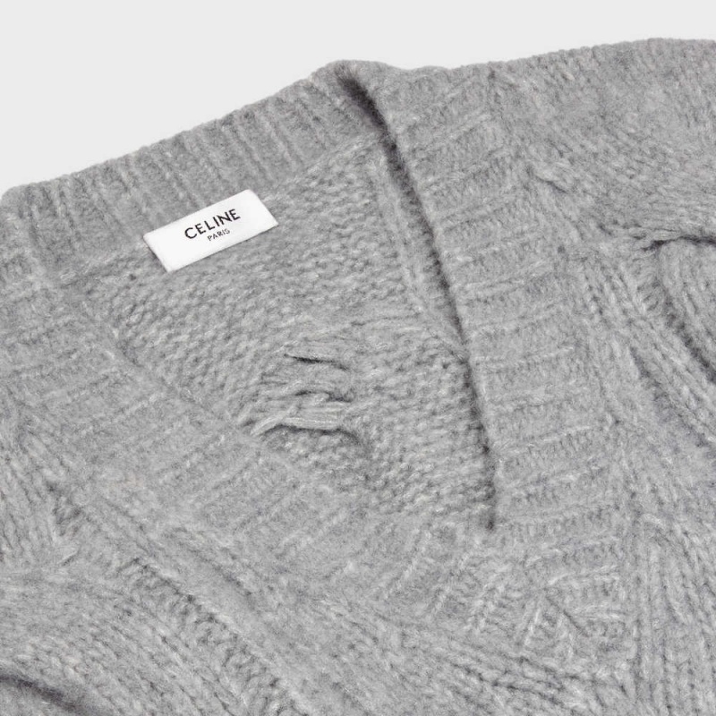 Light Grey Celine V-neck in cable-knit Cashmere and silk Knitwear | CL-592705