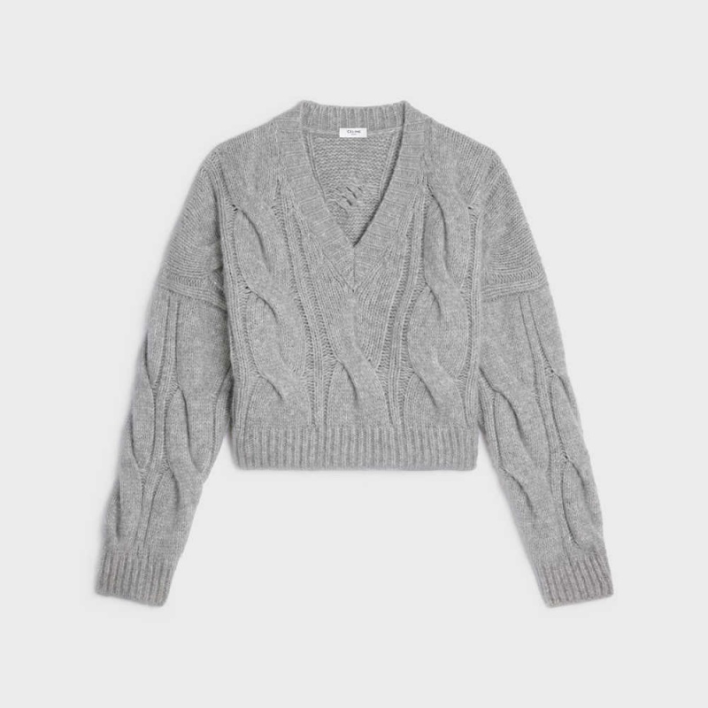 Light Grey Celine V-neck in cable-knit Cashmere and silk Knitwear | CL-592705