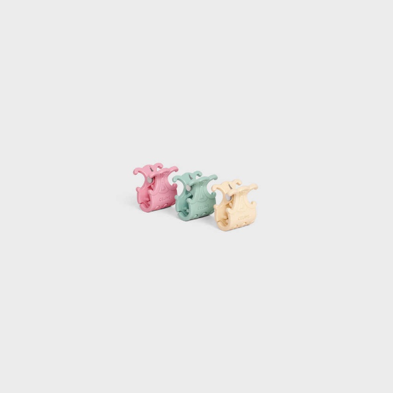 Light Pink/Mint/Vanilla Celine Set of 3 Triomphe Colored Hair Claws in Varnish Brass and Steel Hair Accessories | CL-592318