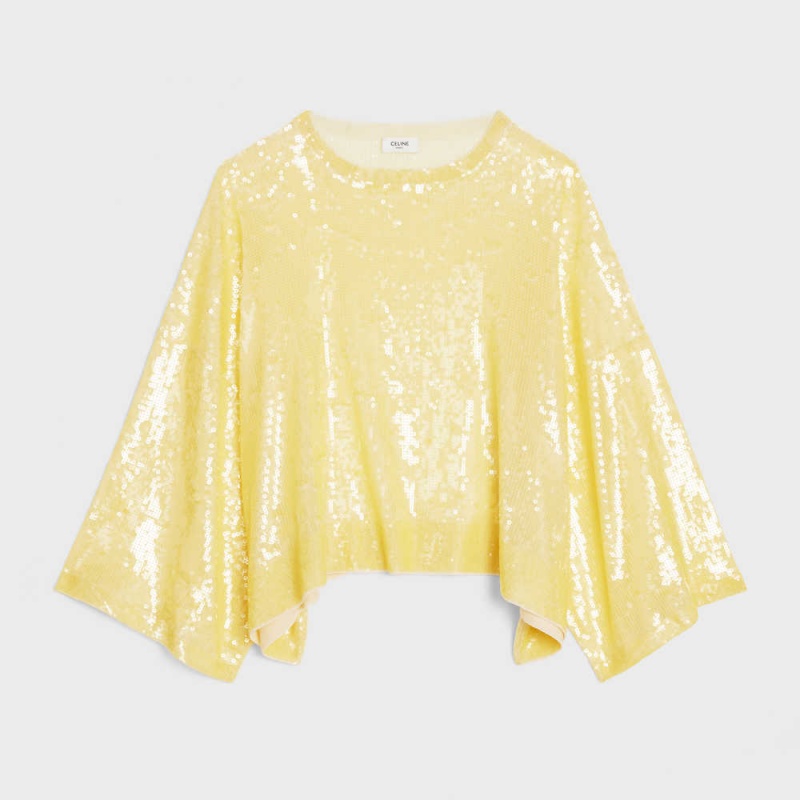 Light Yellow Celine embroidered crop in silk Tops | CL-592835