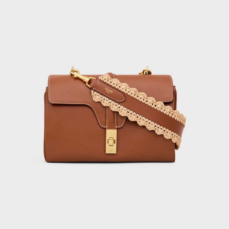 Natural / Tan Celine long strap in RAFFIA AND CALFSKIN Leather Goods Accessories | CL-592906