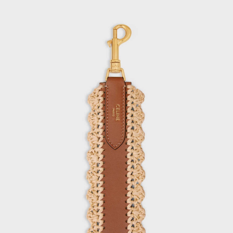 Natural / Tan Celine long strap in RAFFIA AND CALFSKIN Leather Goods Accessories | CL-592906