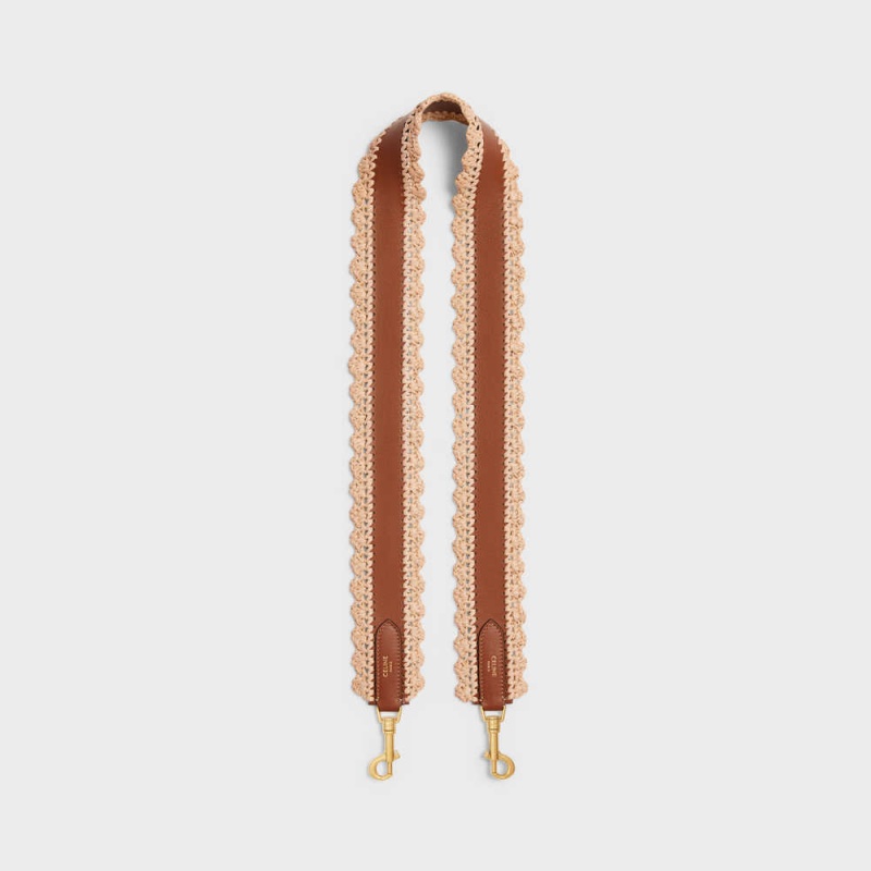 Natural / Tan Celine long strap in RAFFIA AND CALFSKIN Leather Goods Accessories | CL-592906