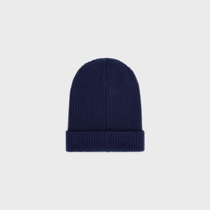 Navy Celine EMBROIDERED BEANIE IN RIBBED FELTED WOOL Hat | CL-591715