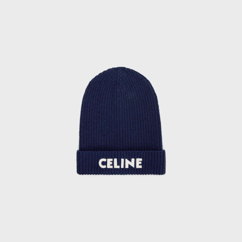 Navy Celine EMBROIDERED BEANIE IN RIBBED FELTED WOOL Hat | CL-591715