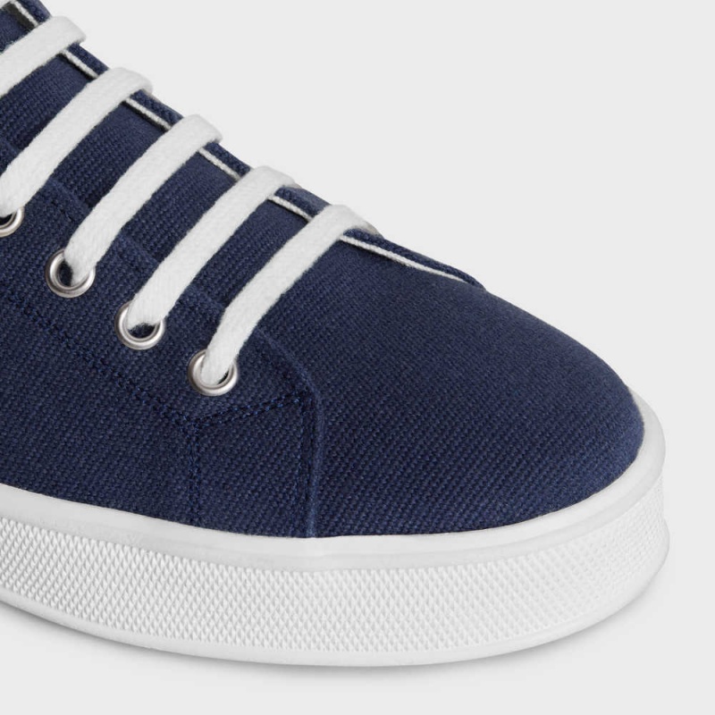 Navy Celine JANE SNEAKERS LOW LACE-UP WITH TRIOMPHE PATCH in CANVAS AND CALFSKIN Sneakers | CL-592553