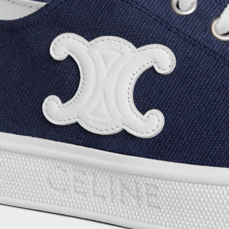 Navy Celine JANE SNEAKERS LOW LACE-UP WITH TRIOMPHE PATCH in CANVAS AND CALFSKIN Sneakers | CL-592553