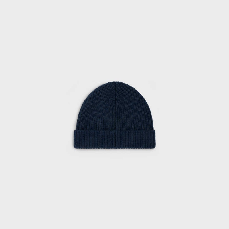 Navy Celine TRIOMPHE EMBROIDERED BEANIE IN HERITAGE CASHMERE Hat | CL-592371