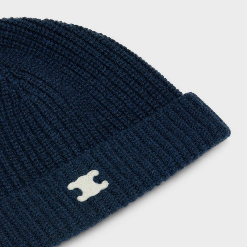 Navy Celine TRIOMPHE EMBROIDERED BEANIE IN HERITAGE CASHMERE Hat | CL-592371