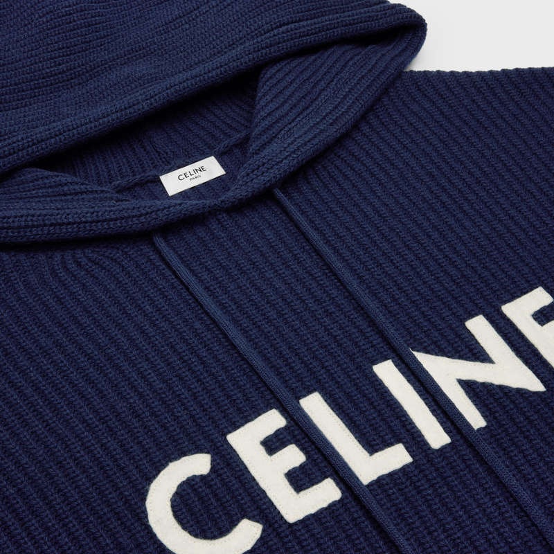 Navy Celine hooded in ribbed wool Sweatshirts | CL-592110