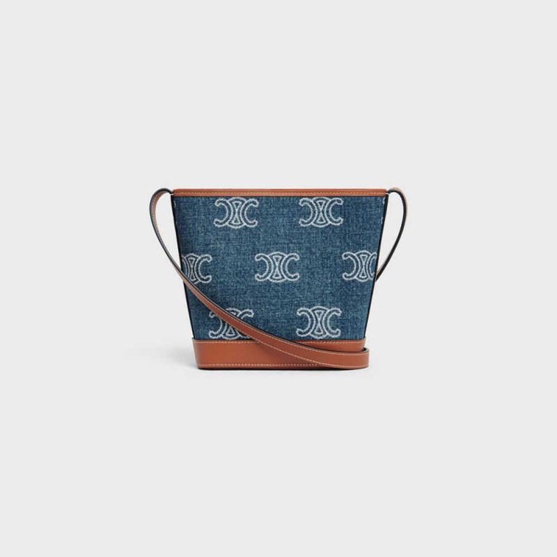 Navy / Tan Celine BUCKET CUIR TRIOMPHE in DENIM WITH TRIOMPHE ALL-OVER EMBROIDERY AND CALFSKIN Mini Bags | CL-593041