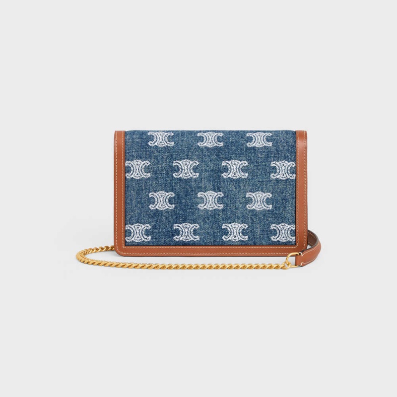 Navy / Tan Celine WALLET ON CHAIN TRIOMPHE in DENIM WITH TRIOMPHE ALL-OVER EMBROIDERY AND CALFSKIN Mini Bags | CL-593027