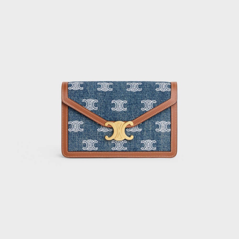 Navy / Tan Celine WALLET ON CHAIN TRIOMPHE in DENIM WITH TRIOMPHE ALL-OVER EMBROIDERY AND CALFSKIN Mini Bags | CL-593027