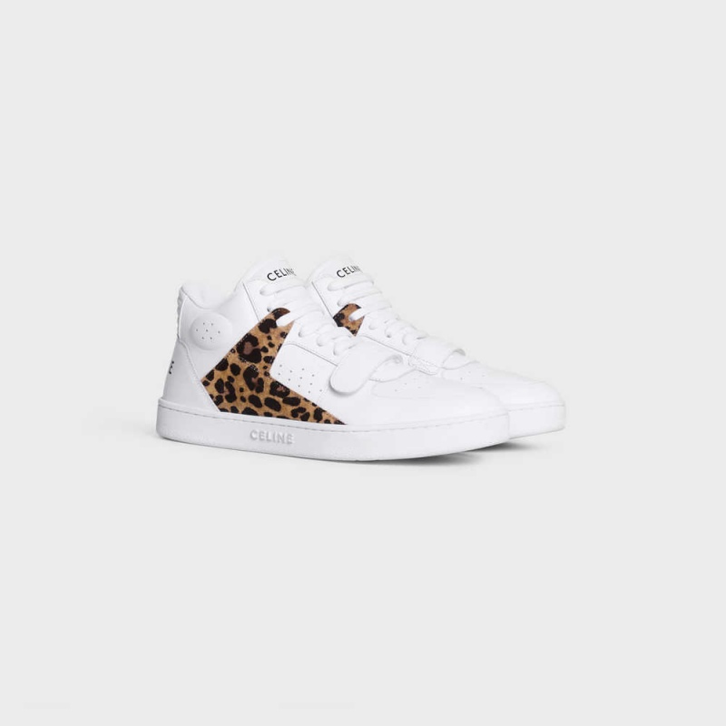 Optic White/Black/Brown Celine C02 TRAINER MID WITH SCRATCH in CALFSKIN & LEOPARD PRINTED SUEDE CALFSKIN Sneakers | CL-592543