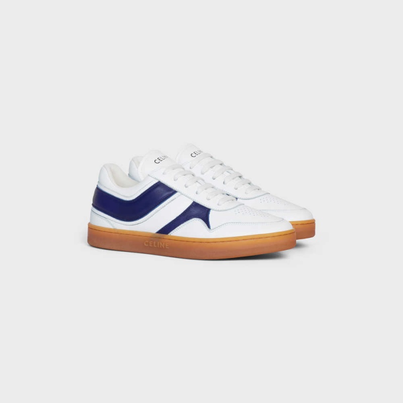 Optic White/Navy/Beige Celine TRAINER LOW LACE-UP in CALFSKIN Sneakers | CL-592549